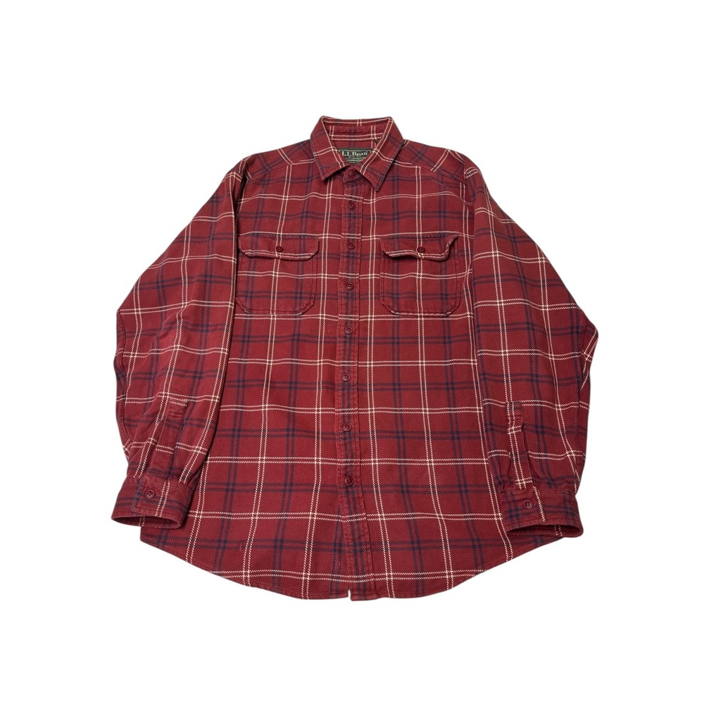 LLBean Mens Large Regular Red Plaid Flannel Long Sleeve Button‎ Up Shirt Heavy